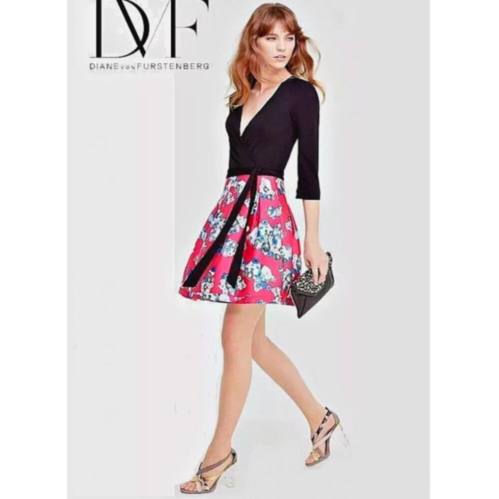 Diane Von Furstenberg DVF Jewel Silk Wool Wrap Dress Sz 2 floating flowers pink